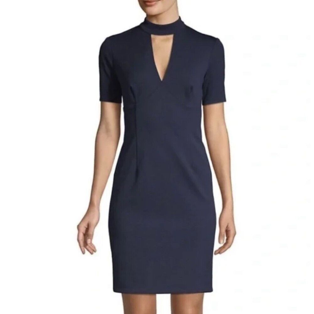 Trina Trina Turk Camari Choker Neck Dress Size 4 Deep V Neck‎ Navy Blue
